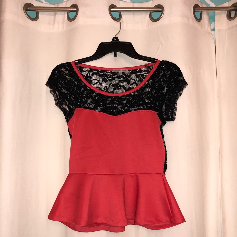 Hot Red + Black Lace Peplum Top